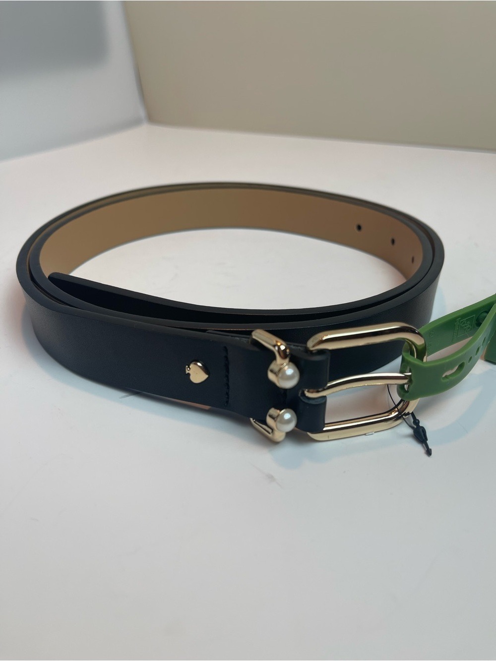NWT Kate Spade Black Leather Belt with Pearl Accent Detail Size XL Gold Hardware